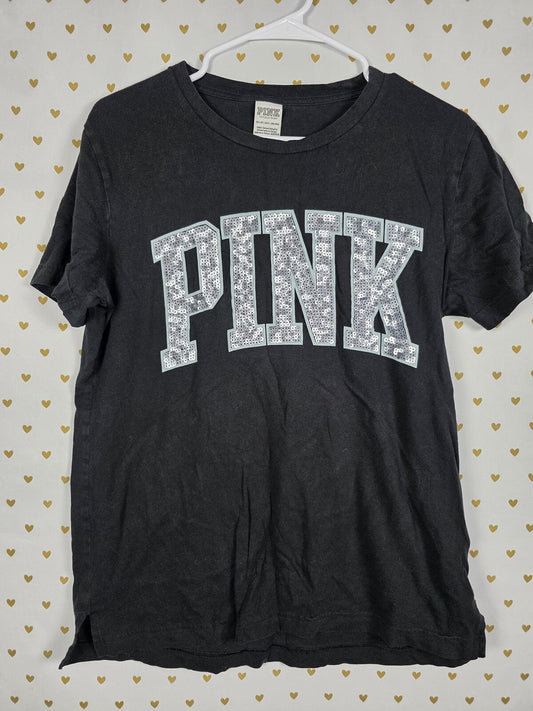 Victorias Secret PINK Matte BLING Sequined Logo Tee shirt XS Oversized