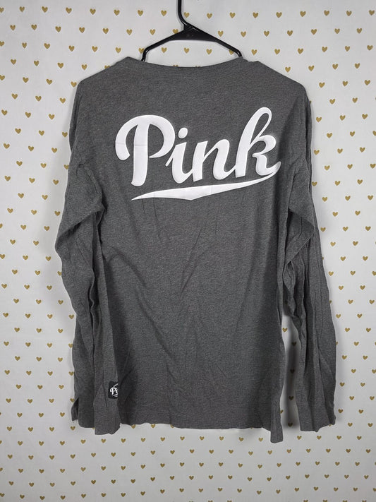 Victorias Secret PINK Watermelon Logo Long Sleeve Tee Shirt Grey SMALL