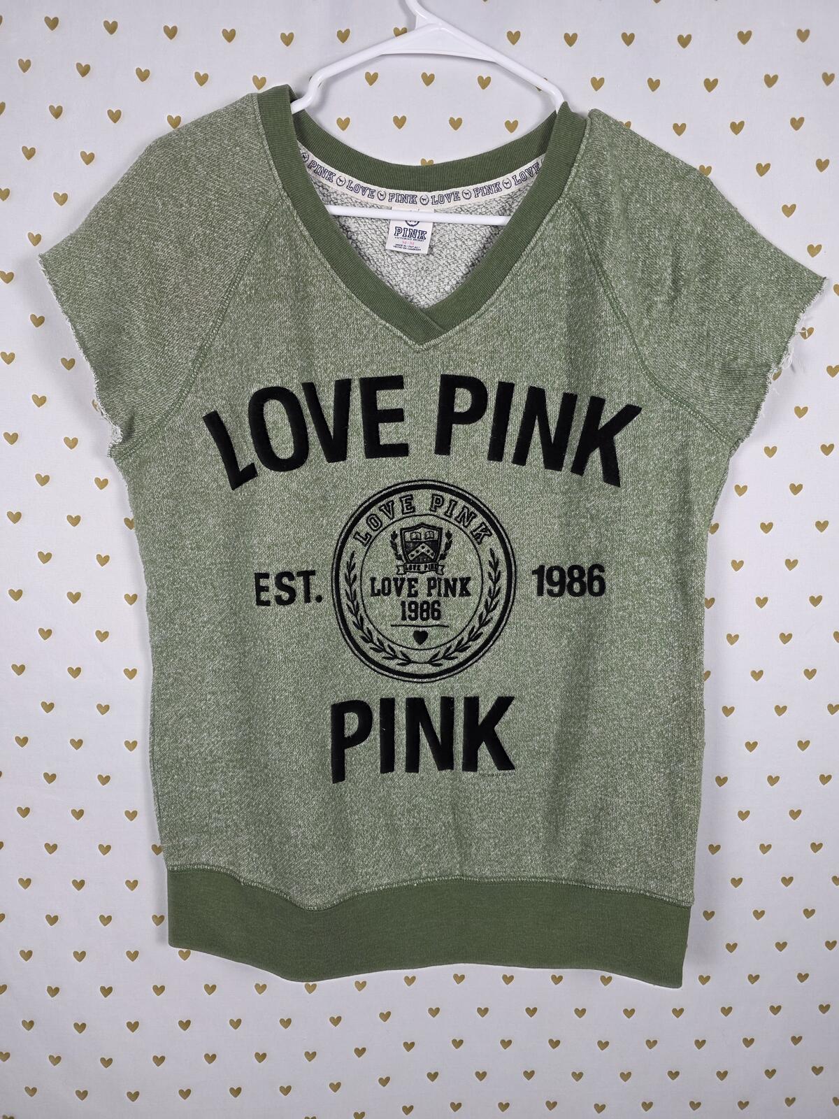 Victorias Secret PINK Vintage Velour Logo y2k Green Love Sweater Shirt MEDIUM