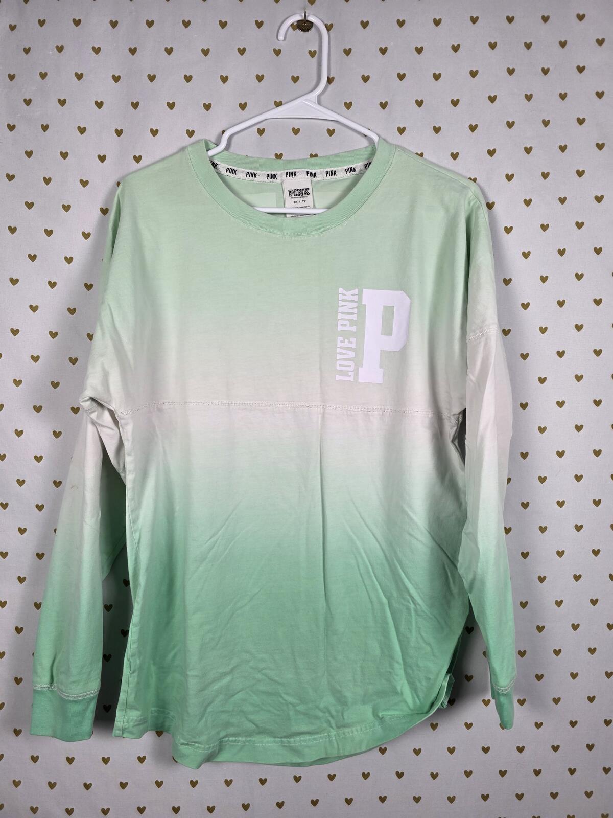 Victorias Secret PINK Gradient Campus Pocket Long Sleeve logo tee shirt Green XS