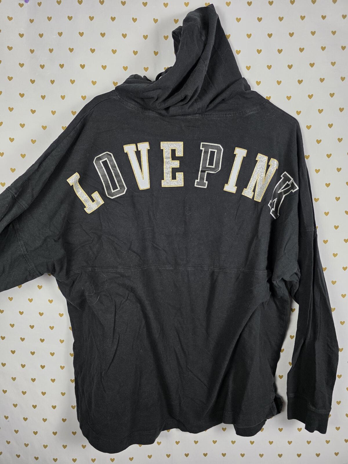 Victorias Secret PINK Bling Glitter Gold Pullover Hoodie Tee shirt black LARGE