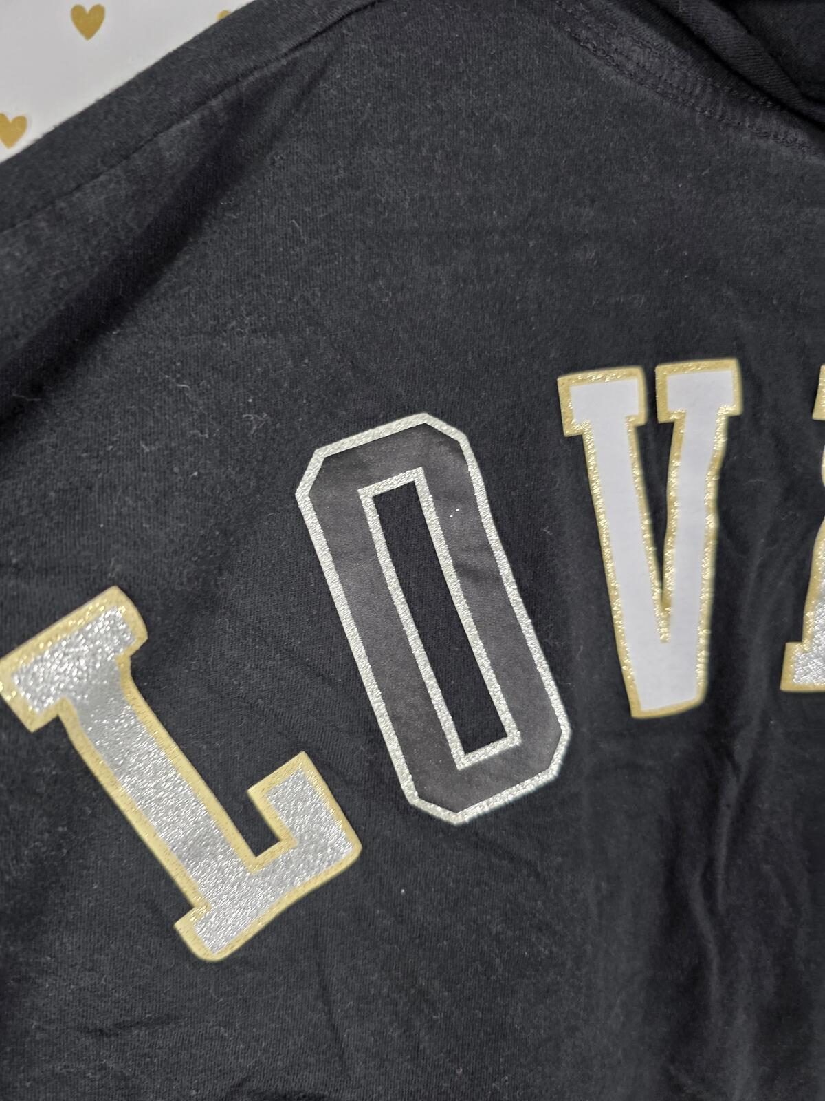 Victorias Secret PINK Bling Glitter Gold Pullover Hoodie Tee shirt black LARGE