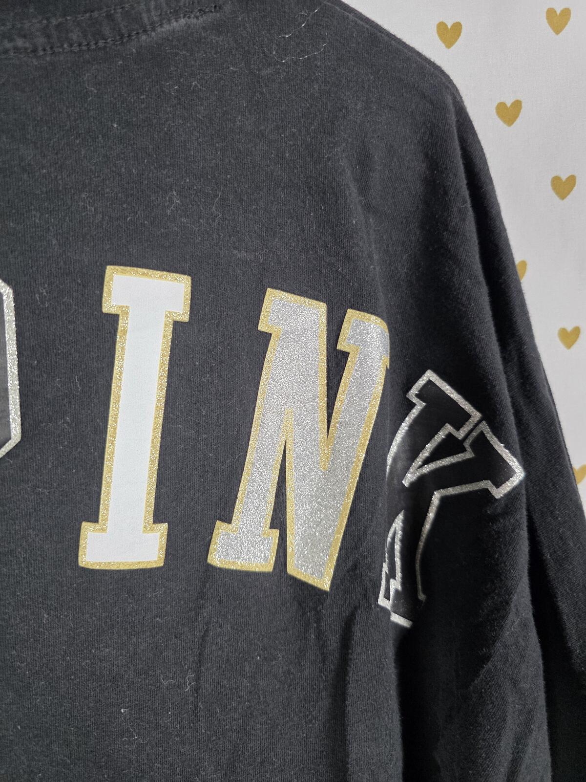 Victorias Secret PINK Bling Glitter Gold Pullover Hoodie Tee shirt black LARGE
