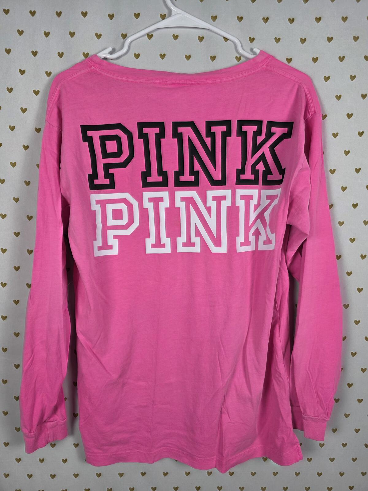 Victorias Secret PINK Long Sleeve V neck campus logo tee shirt XS Oversized