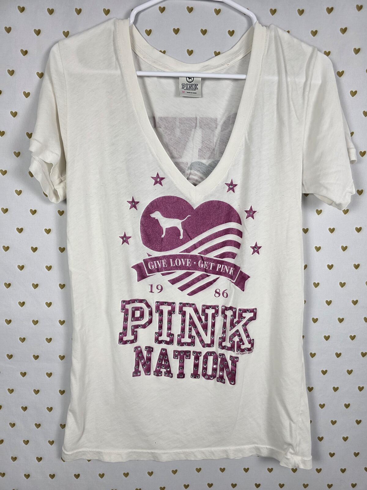 Victorias Secret PINK NATION Bling Vintage LOVE Tee shirt collectors V neck Med
