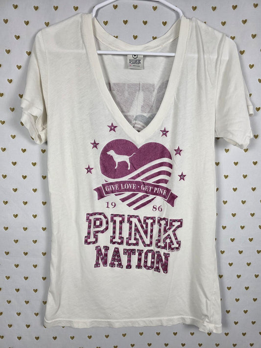 Victorias Secret PINK NATION Bling Vintage LOVE Tee shirt collectors V neck Med