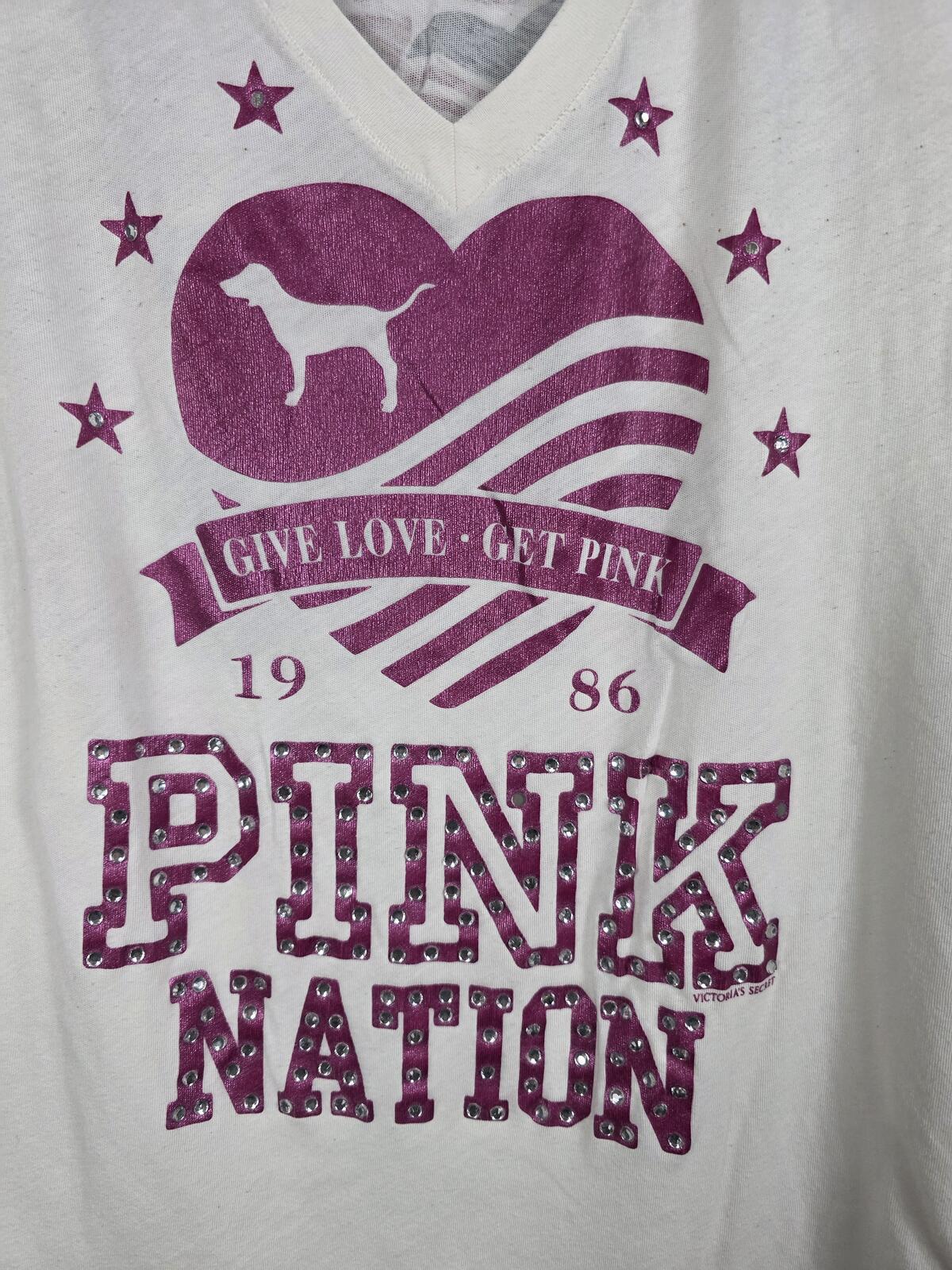 Victorias Secret PINK NATION Bling Vintage LOVE Tee shirt collectors V neck Med