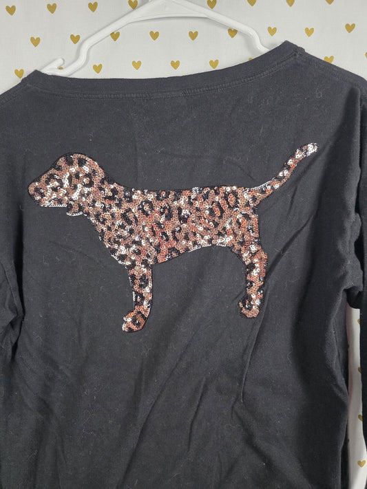 Victorias Secret PINK LEOPARD BLING CHEETAH Sequined Campus Long Sleeve Tee XS