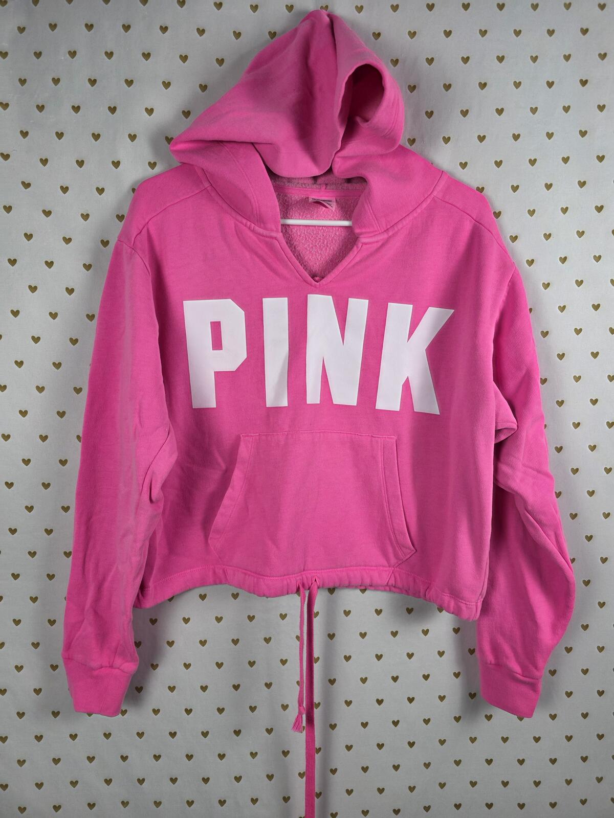 Victorias Secret Pink Cropped Bright Logo V neck Hoodie sweater MEDIUM