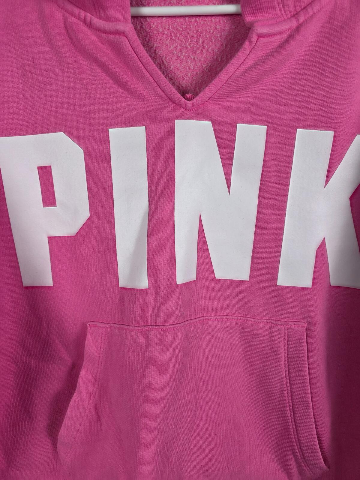 Victorias Secret Pink Cropped Bright Logo V neck Hoodie sweater MEDIUM