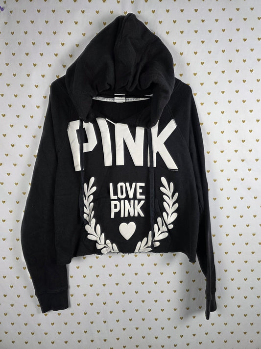 Victorias Secret Pink Vintage Cropped Hoodie Logo LOVE Sweater Black LARGE y2k
