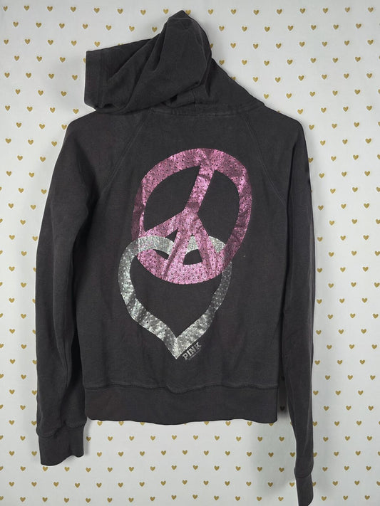 Victorias Secret Pink Bling Heart PEACE Full Zip Hoodie Jacket Y2k MEDIUM
