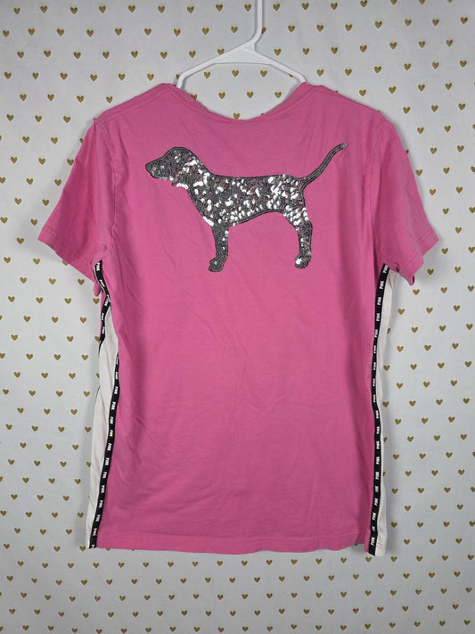 Victorias Secret PINK BLING Dog Logo Sequined Tee shirt MEDIUM