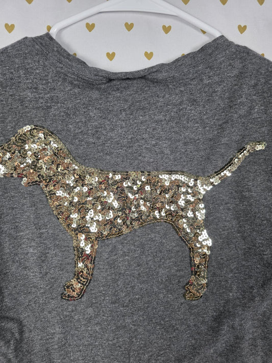Victorias Secret PINK GOLD BLING DOG LOGO Grey Sequined Small Tee Shirt