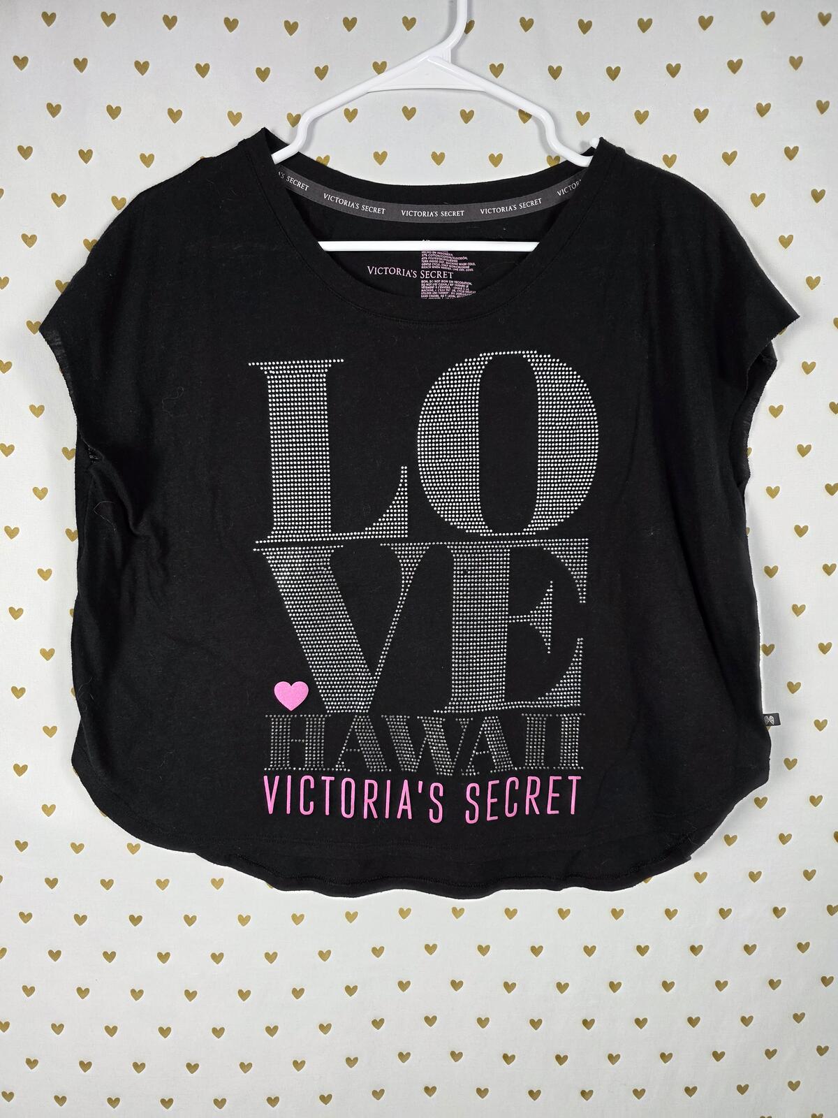Victorias Secret LOVE Bling Studded HAWAII Boxy Cropped Tee Shirt HTF Rare SMALL