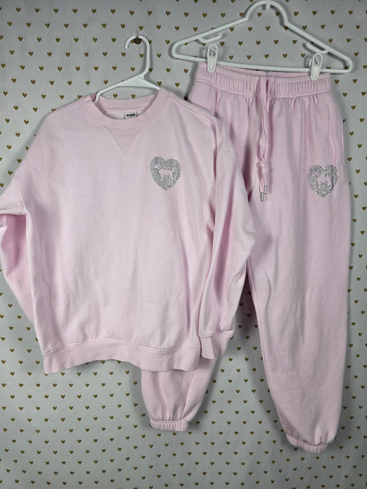 Victorias Secret Pink Bling SET Heart Rhinestone Sweater Joggers Sweatpants S