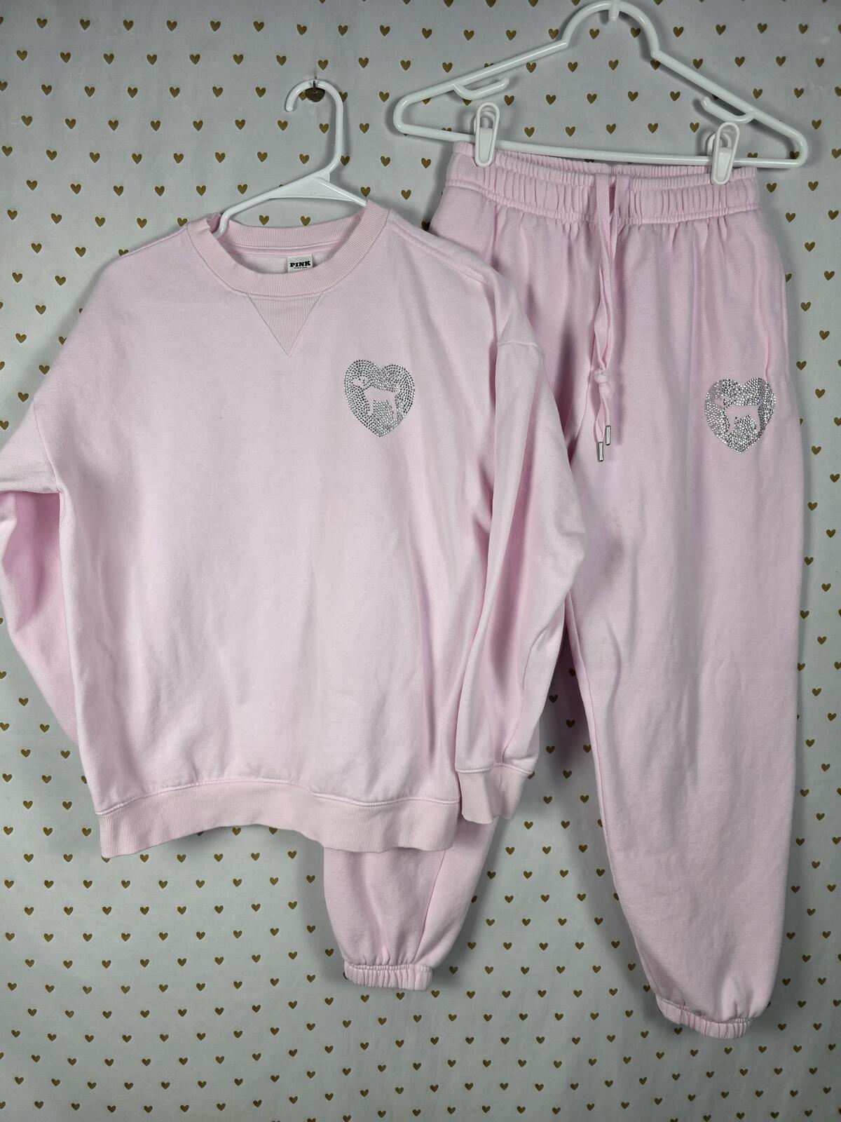 Victorias Secret Pink Bling SET Heart Rhinestone Sweater Joggers Sweatpants S