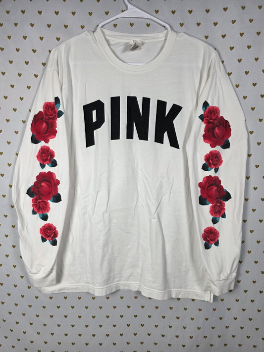Victorias Secret PINK ROSE SLEEVE HTF Long sleeve Campus Logo Tee shirt LARGE