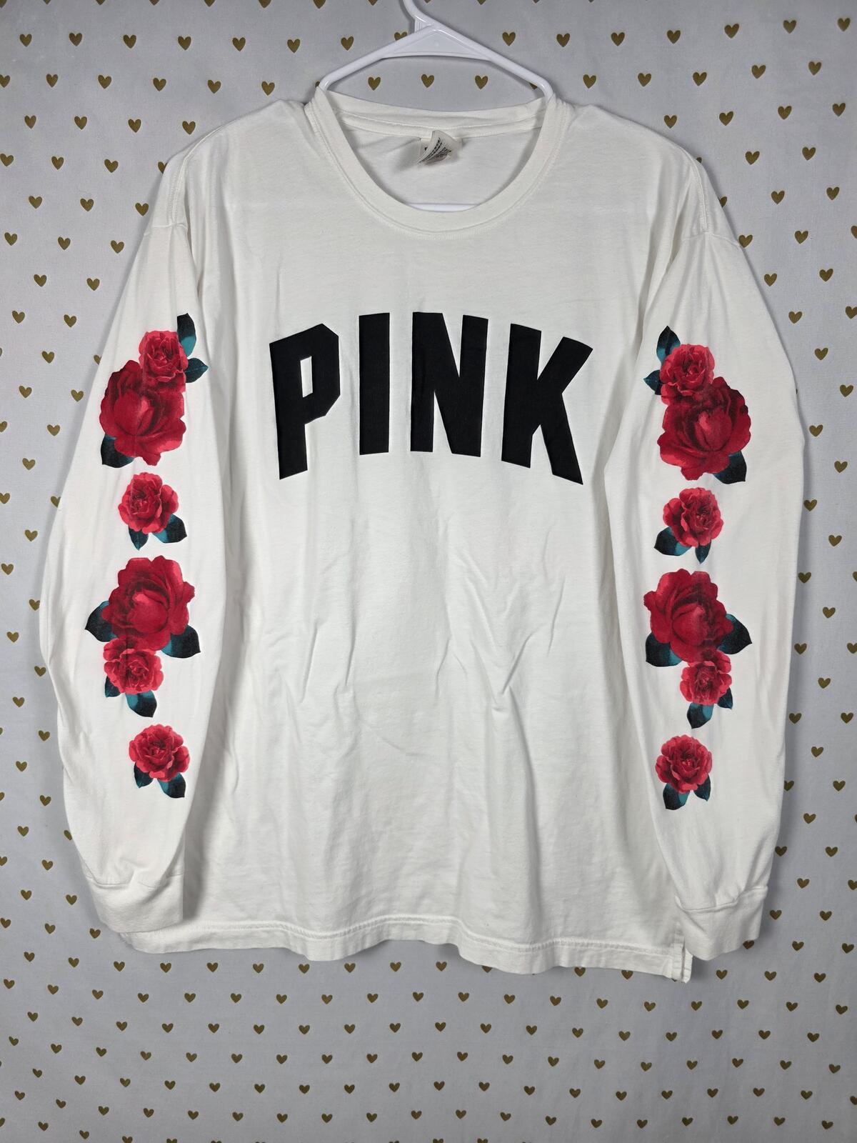 Victorias Secret PINK ROSE SLEEVE HTF Long sleeve Campus Logo Tee shirt LARGE