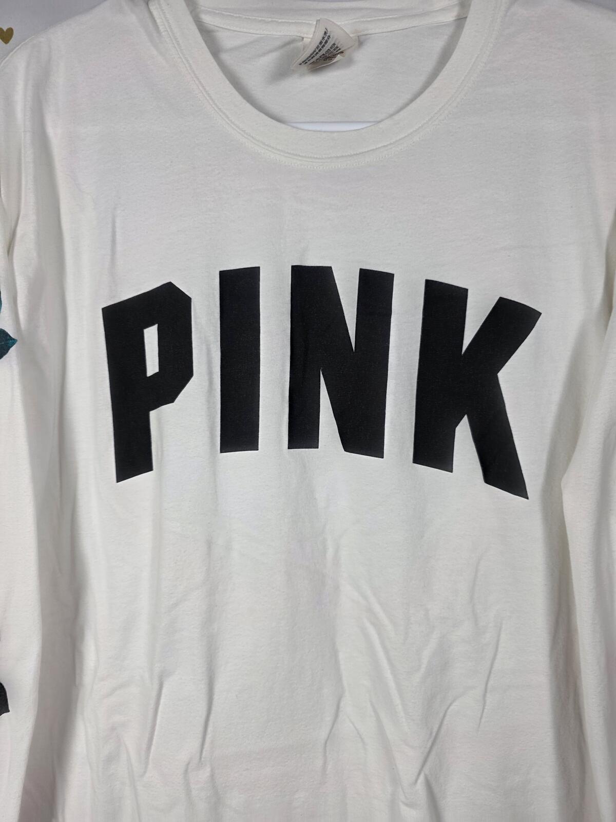 Victorias Secret PINK ROSE SLEEVE HTF Long sleeve Campus Logo Tee shirt LARGE