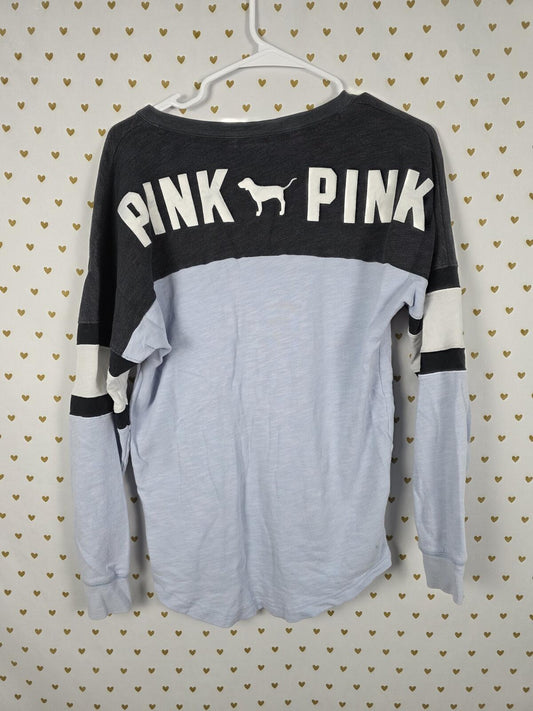 Victorias Secret Pink embroidered V neck sweater shirt colorblock XS Oversized