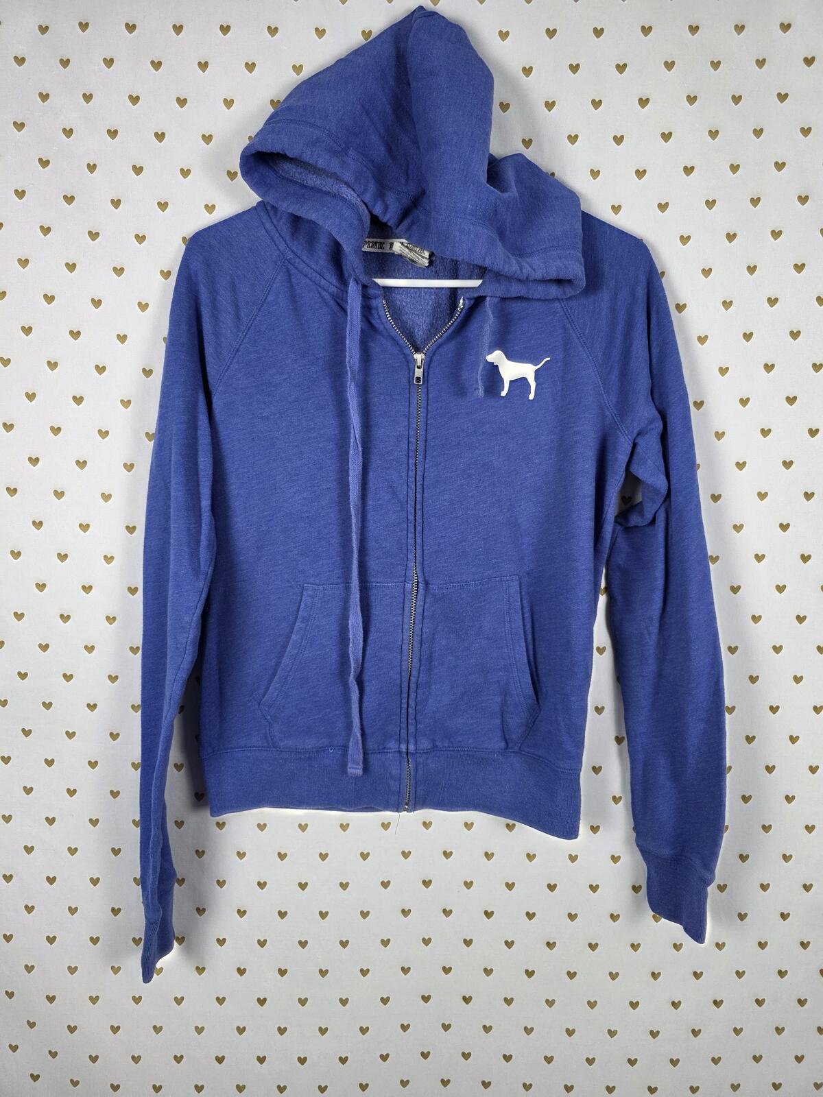 Victorias Secret Pink LOVE Embroidered Full zip Hoodie jacket dog logo Blue SM