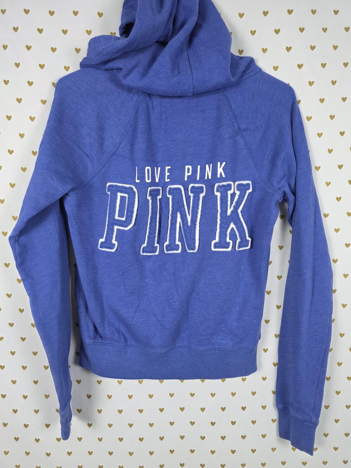 Victorias Secret Pink LOVE Embroidered Full zip Hoodie jacket dog logo Blue SM