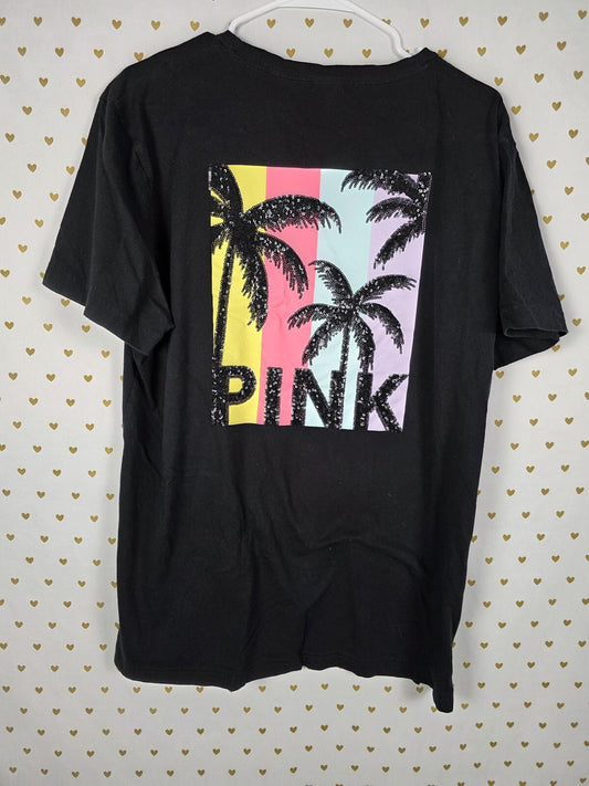 Victorias Secret PINK Floral Palm Bling Sequined Collectors Tee Shirt XL