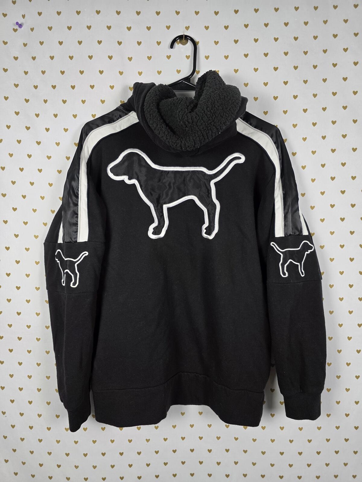 Victorias Secret Pink Embroidered Sherpa Dog Logo Hoodie Jacket Pullover SMALL