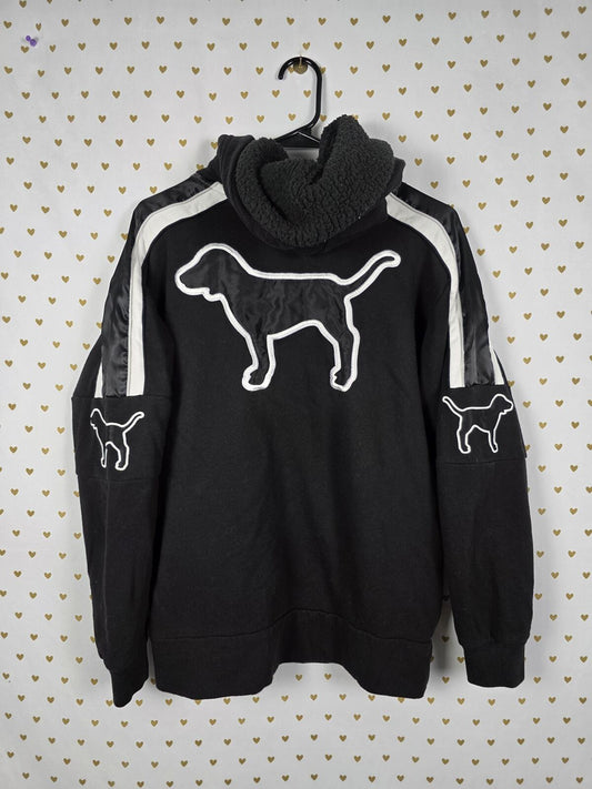 Victorias Secret Pink Embroidered Sherpa Dog Logo Hoodie Jacket Pullover SMALL