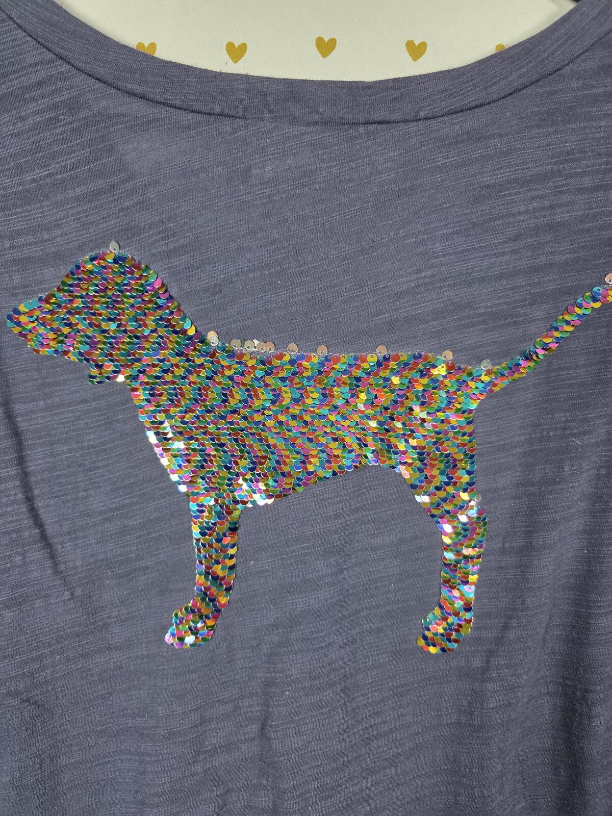 Victorias Secret PINK BLING Rainbow Flip Sequin V Neck tee shirt XS