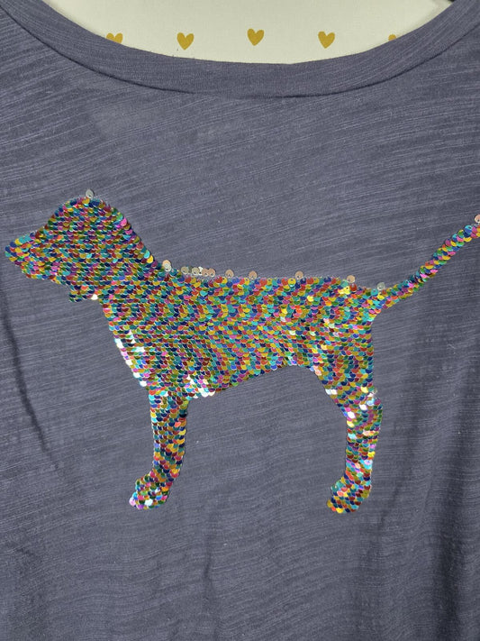 Victorias Secret PINK BLING Rainbow Flip Sequin V Neck tee shirt XS