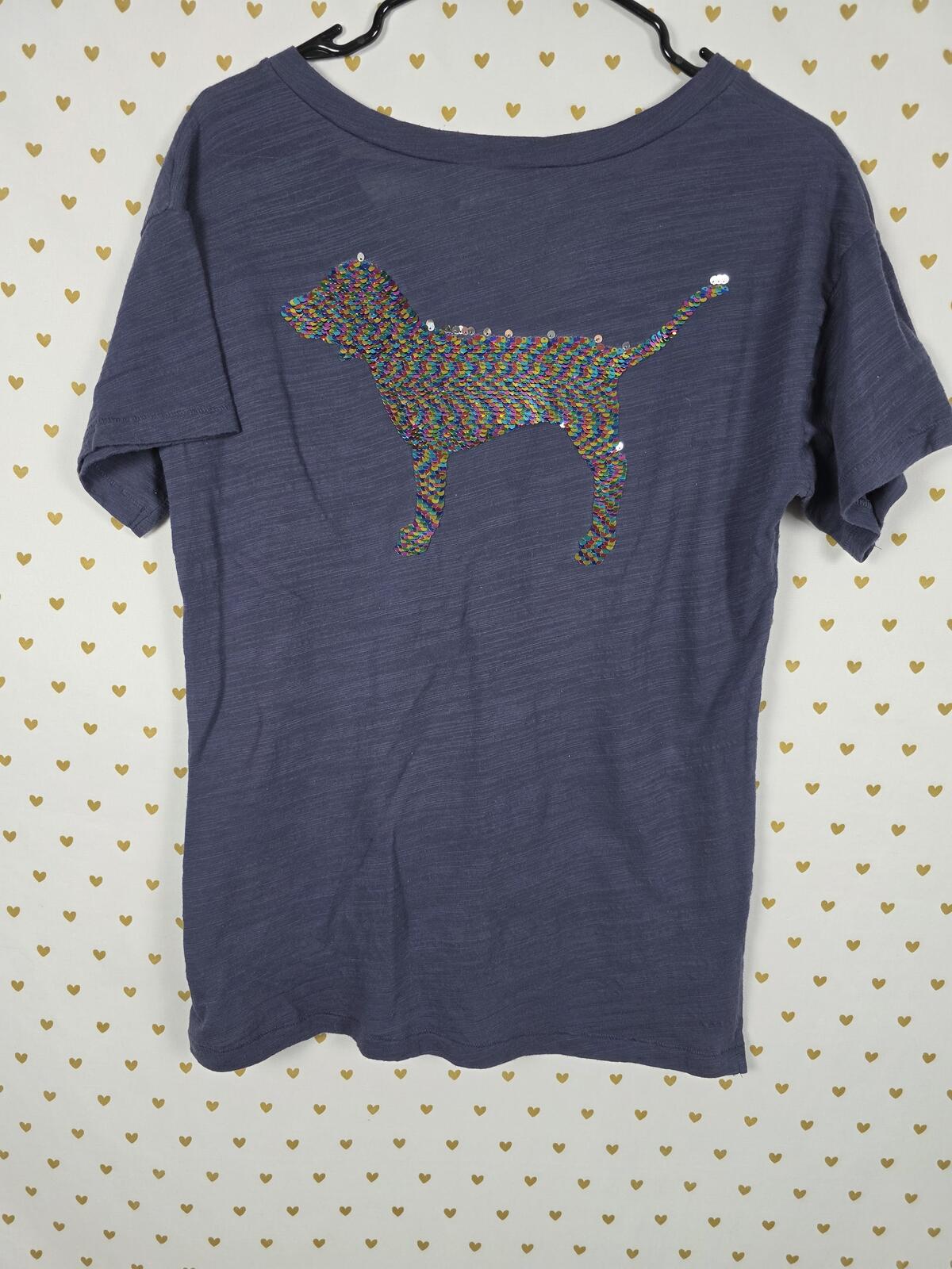 Victorias Secret PINK BLING Rainbow Flip Sequin V Neck tee shirt XS