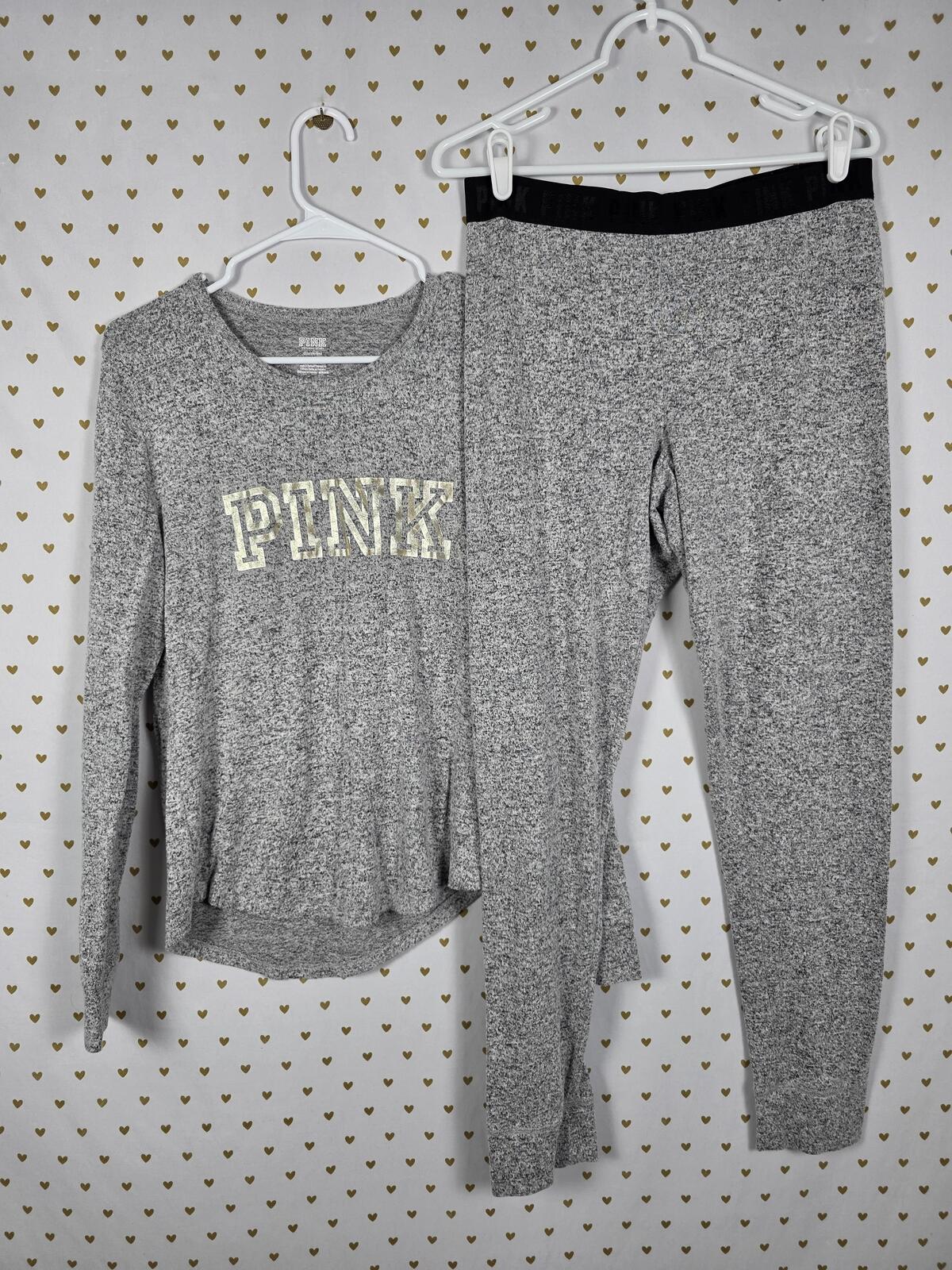 Victorias Secret PINK lounge Set Grey comfy shirt pants LARGE Logo outfit