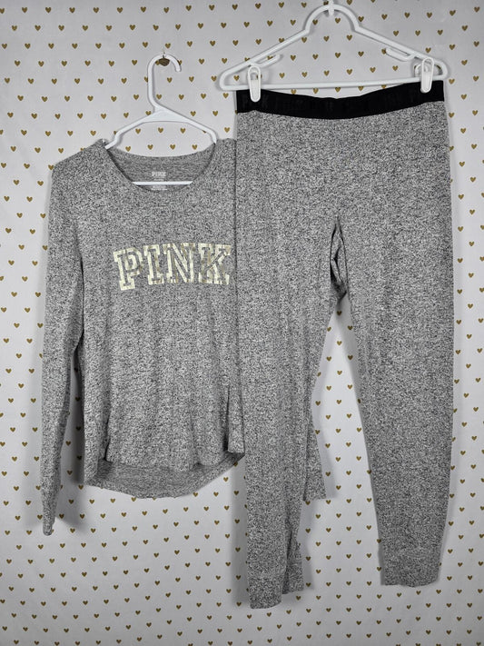 Victorias Secret PINK lounge Set Grey comfy shirt pants LARGE Logo outfit