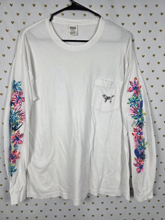 Victorias Secret PINK HTF Rare Hibiscus BLING Long Sleeve TEE Shirt LARGE