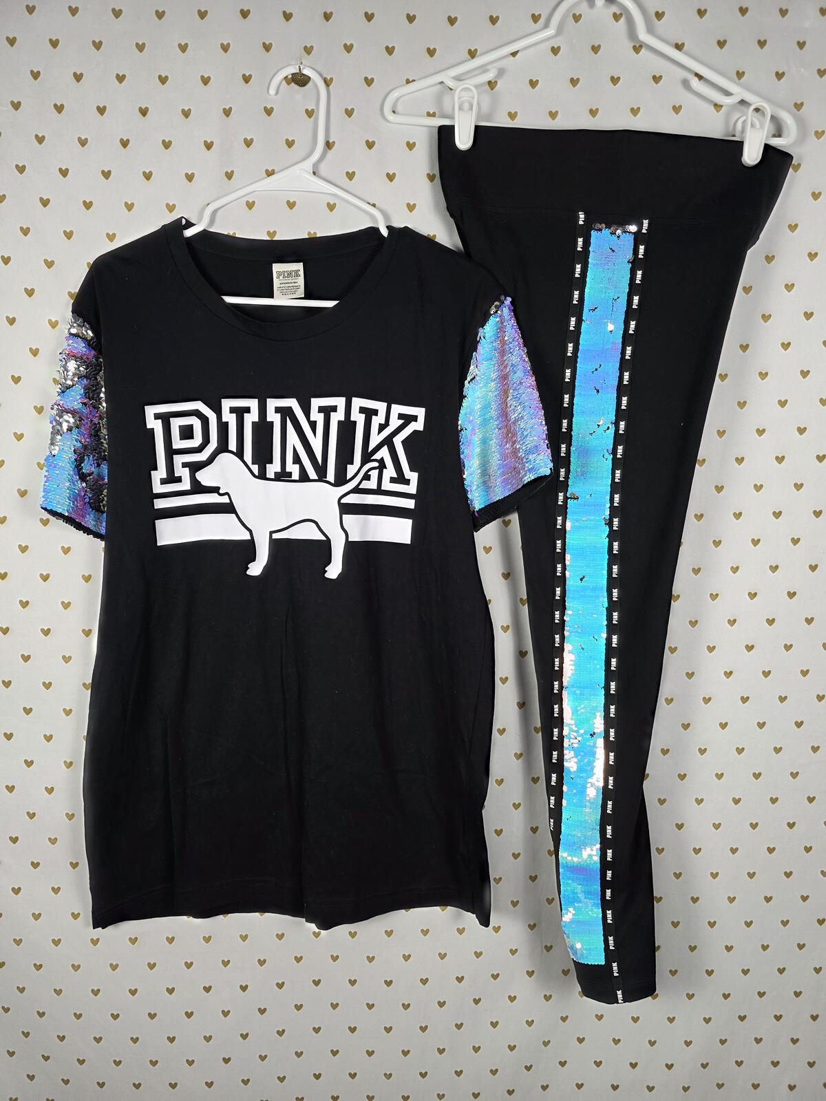 Victorias Secret PINK MERMAID Flip Bling Sequined SET S Tee Yoga Pants HTF RARE