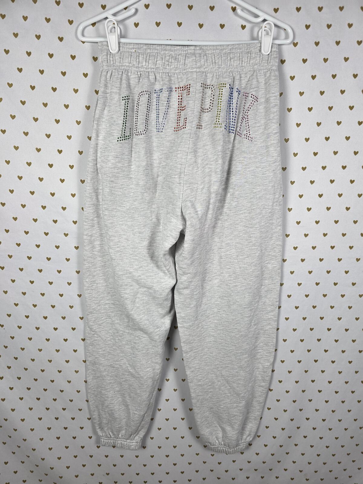 Victorias Secret PINK LOVE Rainbow Bling Studded Sweats Joggers Grey SMALL