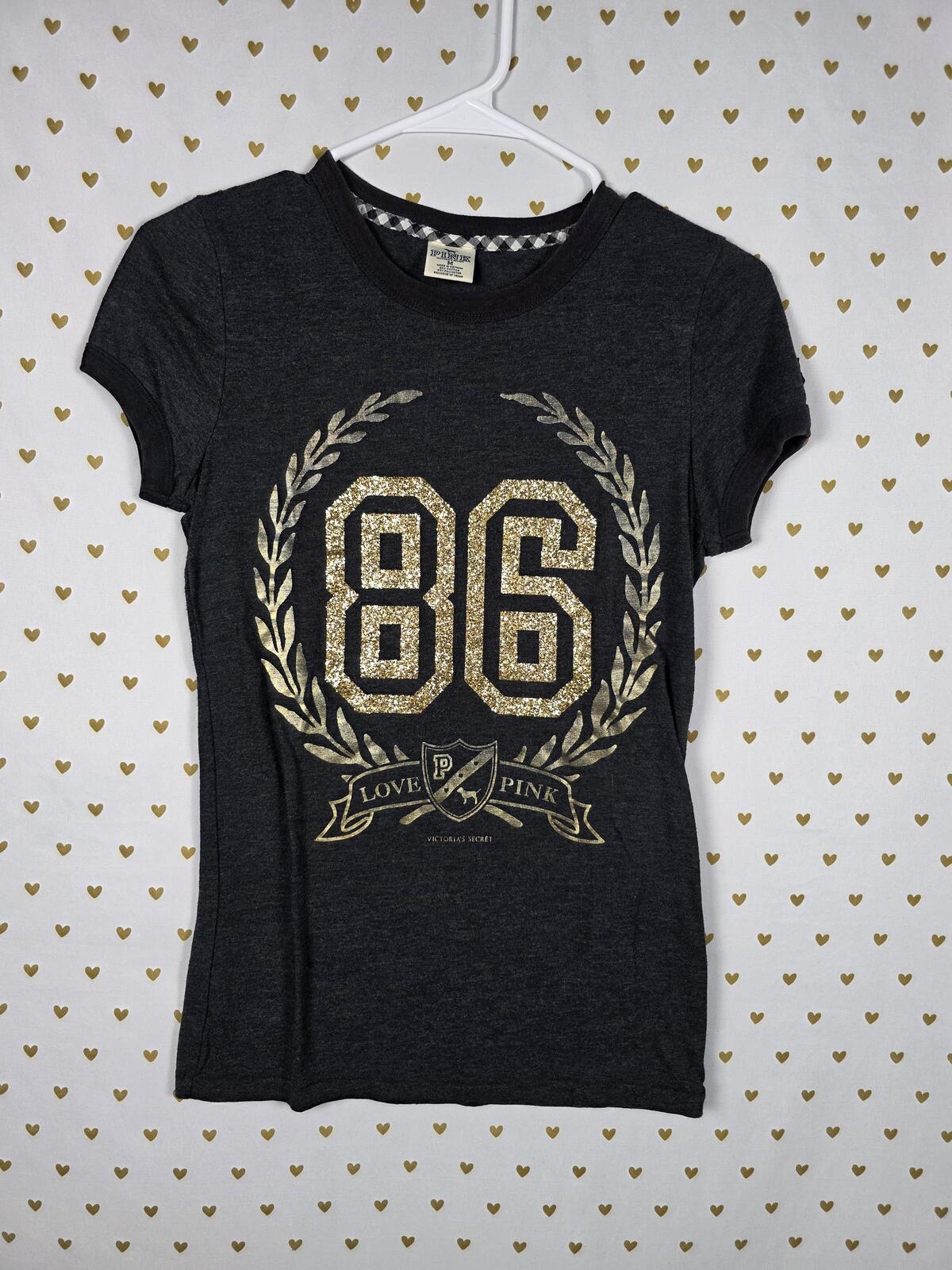 Victorias Secret PINK BLING GLITTER 86 Crest Logo vintage y2k Tee shirt MEDIUM