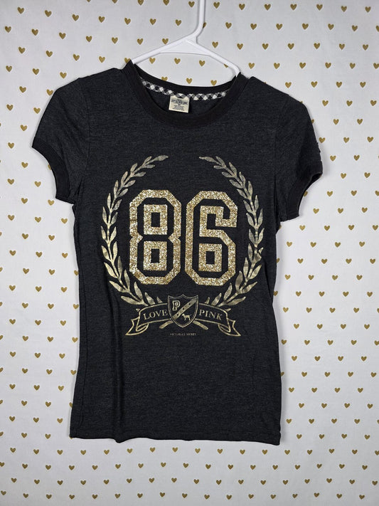 Victorias Secret PINK BLING GLITTER 86 Crest Logo vintage y2k Tee shirt MEDIUM