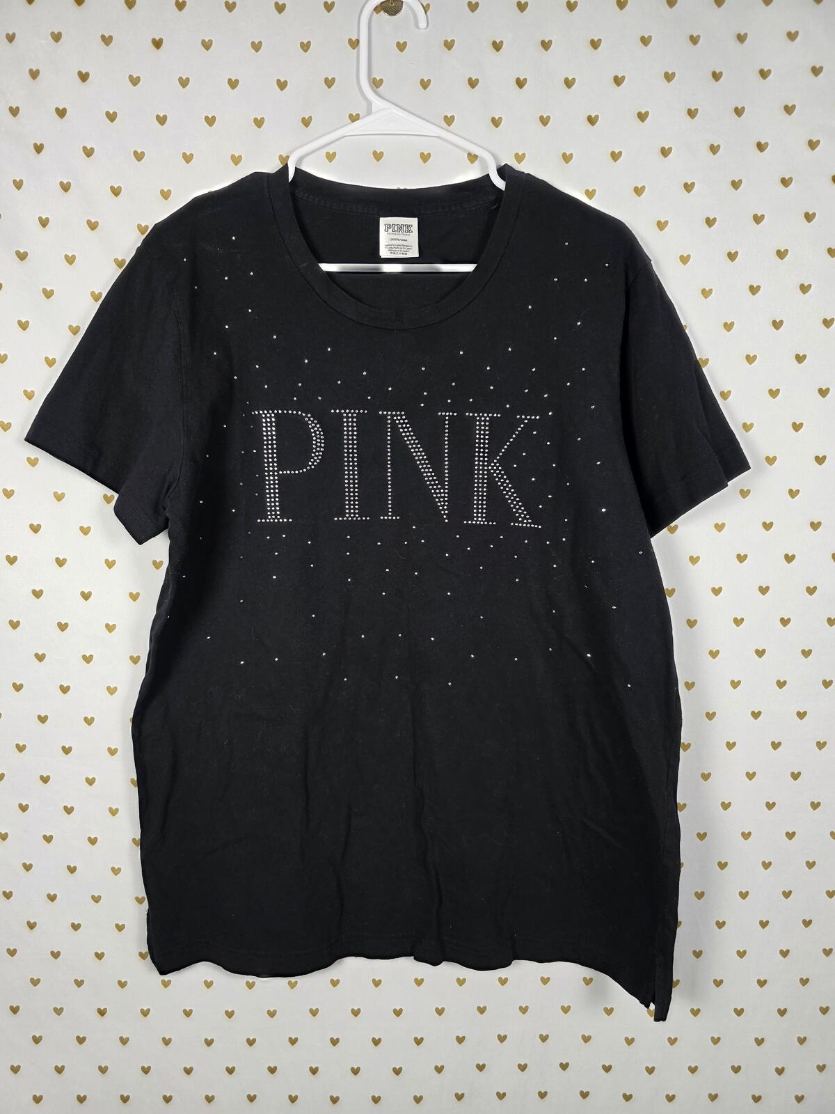 Victorias Secret PINK Bling Studded Black Tee Shirt Rhinestone Large
