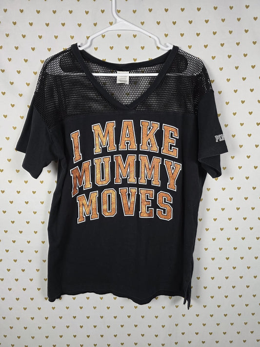 PINK Victoria's Secret I Make Mummy Moves Halloween Mesh Jersey Tee Black LARGE