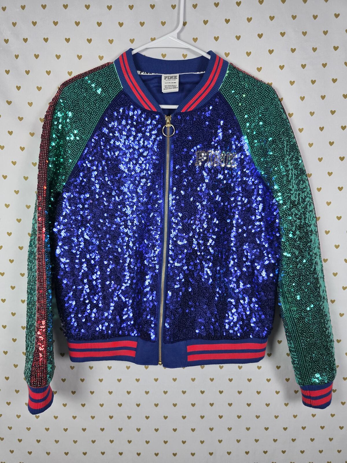Victoria's Secret PINK Sequin Bomber Jacket Blue Green Red Love Varsity SMALL
