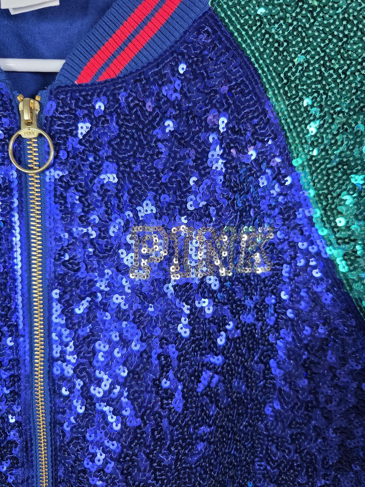 Victoria's Secret PINK Sequin Bomber Jacket Blue Green Red Love Varsity SMALL
