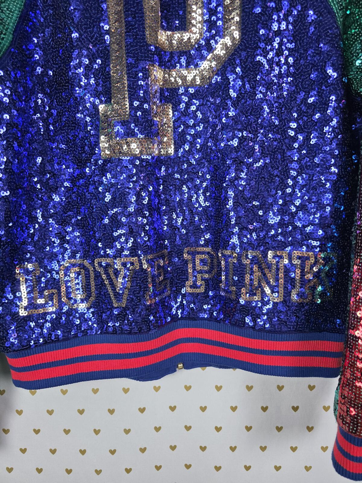 Victoria's Secret PINK Sequin Bomber Jacket Blue Green Red Love Varsity SMALL