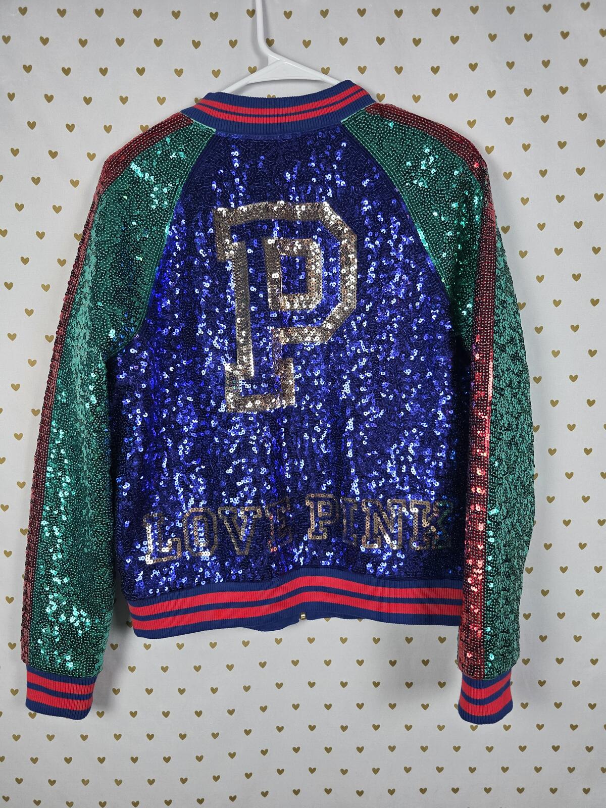 Victoria's Secret PINK Sequin Bomber Jacket Blue Green Red Love Varsity SMALL
