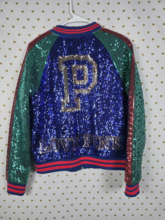 Victoria's Secret PINK Sequin Bomber Jacket Blue Green Red Love Varsity SMALL