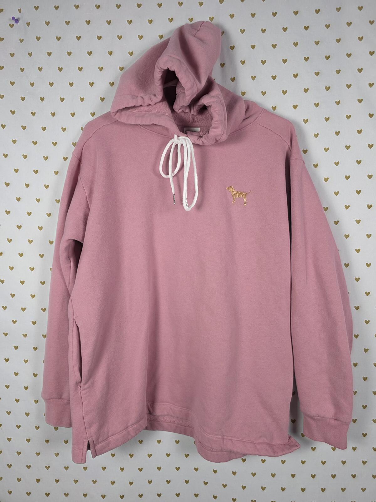Victorias Secret Pink GLITTER BLING Pullover Crest logo Sweater Hoodie LARGE
