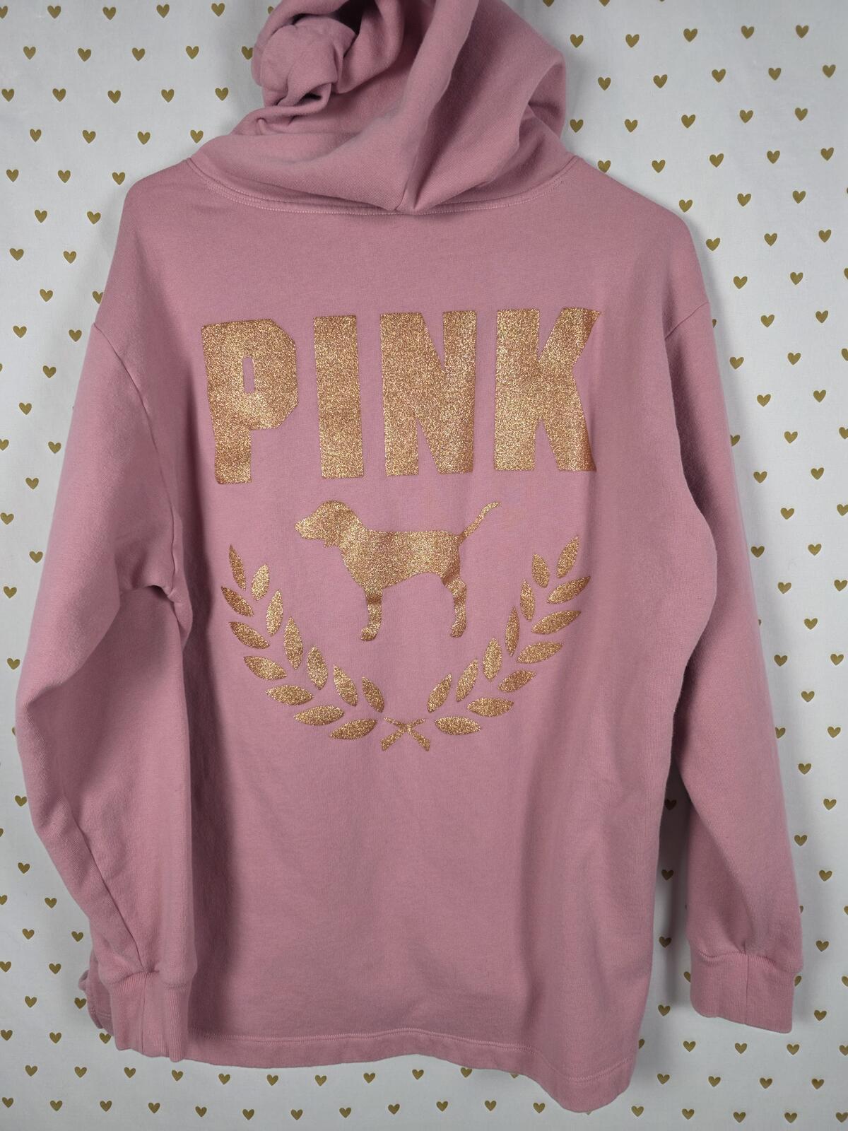 Victorias Secret Pink GLITTER BLING Pullover Crest logo Sweater Hoodie LARGE