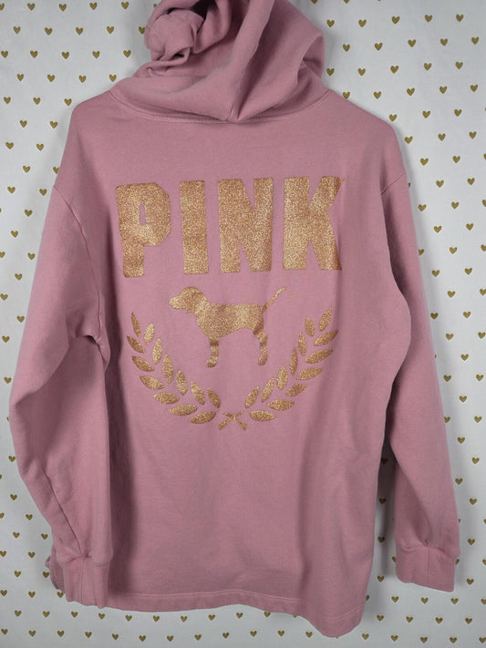 Victorias Secret Pink GLITTER BLING Pullover Crest logo Sweater Hoodie LARGE